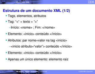 Mini Curso XML



Estrutura de um documento XML (1/2)
    Tags, elementos, atributos
    Tag: “<“ + texto + “>”
    –Início: <nome> ; Fim: </nome>
    Elemento: <inicio> conteúdo </inicio>
    Atributos: par nome+valor na tag <inicio>
    –<inicio atributo=“valor”> conteúdo </inicio>
    Elemento: <inicio> conteúdo </inicio>
    Apenas um único elemento: elemento raiz


7        XML Básico – FAESA – 16-out-2009 | Confidencial   © 2009 IBM Corporation
 