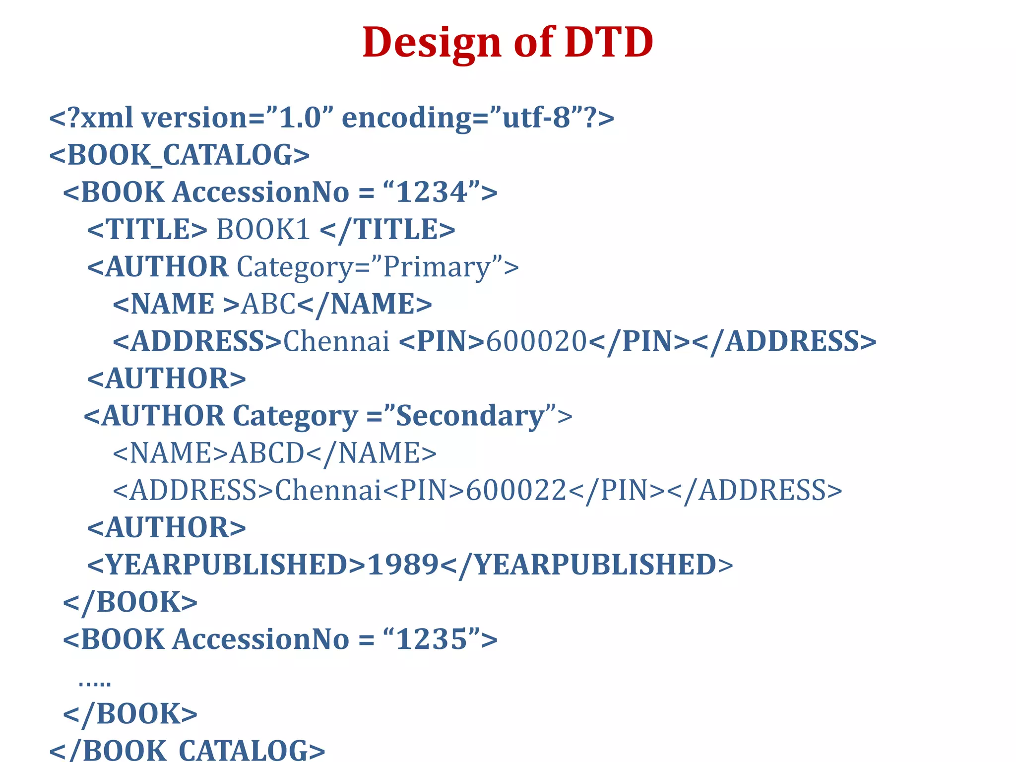 Design of DTD
<?xml version=”1.0” encoding=”utf-8”?>
<BOOK_CATALOG>
<BOOK AccessionNo = “1234”>
<TITLE> BOOK1 </TITLE>
<AUTHOR Category=”Primary”>
<NAME >ABC</NAME>
<ADDRESS>Chennai <PIN>600020</PIN></ADDRESS>
<AUTHOR>
<AUTHOR Category =”Secondary”>
<NAME>ABCD</NAME>
<ADDRESS>Chennai<PIN>600022</PIN></ADDRESS>
<AUTHOR>
<YEARPUBLISHED>1989</YEARPUBLISHED>
</BOOK>
<BOOK AccessionNo = “1235”>
…..
</BOOK>
</BOOK_CATALOG>
 