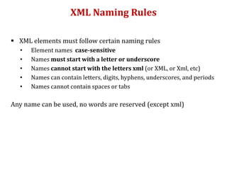 XML Naming Rules
 XML elements must follow certain naming rules
• Element names case-sensitive
• Names must start with a letter or underscore
• Names cannot start with the letters xml (or XML, or Xml, etc)
• Names can contain letters, digits, hyphens, underscores, and periods
• Names cannot contain spaces or tabs
Any name can be used, no words are reserved (except xml)
 