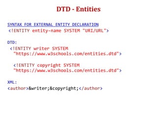 DTD - Entities
SYNTAX FOR EXTERNAL ENTITY DECLARATION
<!ENTITY entity-name SYSTEM "URI/URL">
DTD:
<!ENTITY writer SYSTEM
"https://www.w3schools.com/entities.dtd">
<!ENTITY copyright SYSTEM
"https://www.w3schools.com/entities.dtd">
XML:
<author>&writer;&copyright;</author>
 