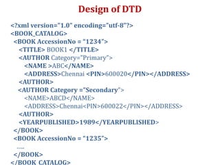 Design of DTD
<?xml version=”1.0” encoding=”utf-8”?>
<BOOK_CATALOG>
<BOOK AccessionNo = “1234”>
<TITLE> BOOK1 </TITLE>
<AUTHOR Category=”Primary”>
<NAME >ABC</NAME>
<ADDRESS>Chennai <PIN>600020</PIN></ADDRESS>
<AUTHOR>
<AUTHOR Category =”Secondary”>
<NAME>ABCD</NAME>
<ADDRESS>Chennai<PIN>600022</PIN></ADDRESS>
<AUTHOR>
<YEARPUBLISHED>1989</YEARPUBLISHED>
</BOOK>
<BOOK AccessionNo = “1235”>
…..
</BOOK>
</BOOK_CATALOG>
 