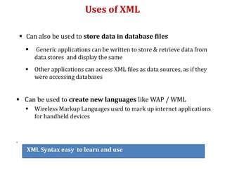 Uses of XML
 Can also be used to store data in database files
 Generic applications can be written to store & retrieve data from
data stores and display the same
 Other applications can access XML files as data sources, as if they
were accessing databases
 Can be used to create new languages like WAP / WML
 Wireless Markup Languages used to mark up internet applications
for handheld devices
.
XML Syntax easy to learn and use
 