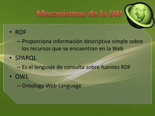 Mecanismos de la SWRDFProporciona información descriptiva simple sobre los recursos que se encuentran en la WebSPARQLEs el lenguaje de consulta sobre fuentes RDFOWLOntology Web Language