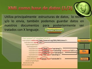 XML como base de datos (1/2)Utiliza principalmente  estructuras de datos,  lo recibe y/o lo envía, también podemos guardar datos en nuestros documentos para posteriormente ser tratados con X lenguaje. 