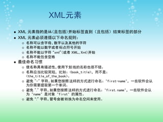 XML元素
XML 元素指的是从（且包括）开始标签直到（且包括）结束标签的部分
XML 元素必须遵循以下命名规则：
  名称可以含字母、数字以及其他的字符
  名称不能以数字或者 标点符号开始
  名称不能以字符 “xml”（或者 XML、Xml）开始
  名称不能包含空格
最佳命名习惯
  使名称具有描述性。使用下划 线的名称也很不错。
  名称应当比较简短，比如：<book_title>，而不是：
  <the_title_of_the_book>。
  避免 "-" 字符。如果您按照 这样的方式进行命名："first-name"，一些软件会认
  为你需要提取第一个单词。
  避免 "." 字符。如果您按照 这样的方式进行命名："first.name"，一些软件会认
  为 "name" 是对象 "first" 的属性。
  避免 “:” 字符。冒号会被 转换为命名空间来使用。
 