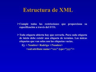 Estructura de XML Cumple todas las restricciones que proporciona su especificación a través del  DTD .  Toda etiqueta abierta hay que cerrarla. Para cada etiqueta de inicio debe existir una etiqueta de termino. Las únicas etiquetas que van solas son las etiquetas vacías. Ej.  < Nombre> Rodrigo </Nombre>    <xsd:attribute name="xxx" type="yyy"/> 