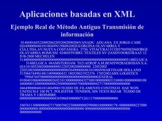 0148I49A052209020622052002090206VANADU  ADUANA  EX JORGE CABE  02649000868610148I49N1506062002GEORGINA OLAVARRIA Y CIA.LTDA.AV.NUEVA COSTANERA  3730, VITACURA1313203788508204JORGE OLAVARRIA ROMUSSI  024845591BRU TEXTILES NV ZANDVOORSTRAAT 12 D B-2800 MECHELEN 51400000000000000000000000000000000000000000000000000000000514BELGICA  514BELGICA  04AMSTERDAM  T621AEROP.A.M.BENIT992RAEROSAN S.A. (SA101805200200000000012205200200000000  22052002  2205200200000000000000000003649000868610148I49MARTINAIR HOLLAND  51596674490148110090000432 180520021922376  17052002ABX LOGISTICS  7996876070000000000000000000000000000000GENERAL  01004010060000000026921013000000004327300100000000312480010000000001084400000120000000000625000000000570000000004271700000000000000 04649000868610148I49001TEJIDO DE FILAMENTO CONTINUO  DAE WON UNITECH-F 100 PCT. POLIESTER  TENIDOS, SIN TEXTURIZAR  TEJIDO DE TRAMA Y URDIMBRE  00000000000000000004385006E000000712611170000000000000  540761130000000427170007002230000000029900018000000178+0000000082270000000000000 0000000000000000000000000 0000000000000000000000000 000000000000  Aplicaciones basadas en XML Ejemplo Real de Método Antiguo Transmisión de información 