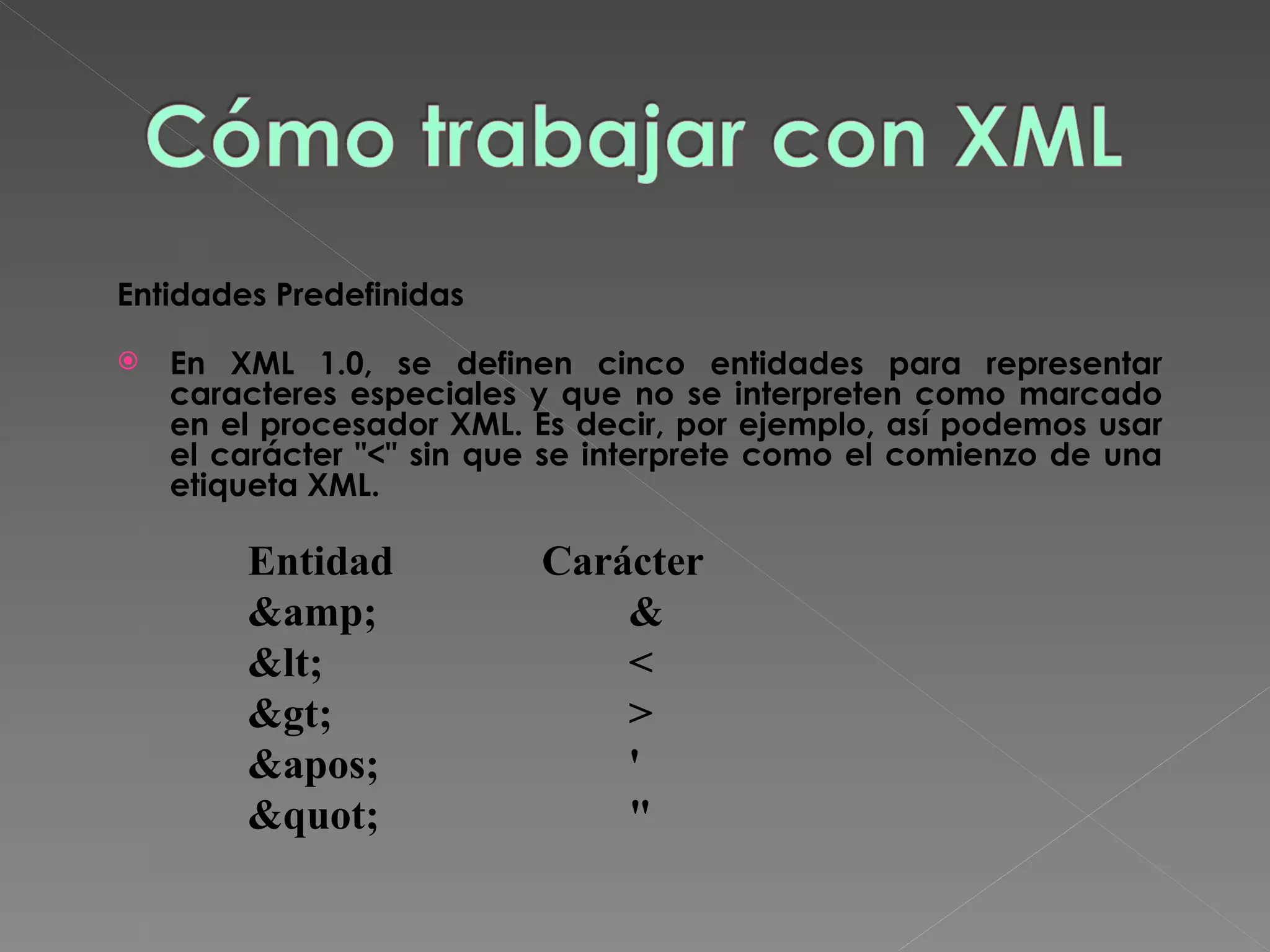 Entidades Predefinidas En XML 1.0, se definen cinco entidades para representar caracteres especiales y que no se interpreten como marcado en el procesador XML. Es decir, por ejemplo, así podemos usar el carácter &quot;<&quot; sin que se interprete como el comienzo de una etiqueta XML.  Entidad  Carácter &amp; &  &lt; < &gt; > &apos; '  &quot; &quot;  