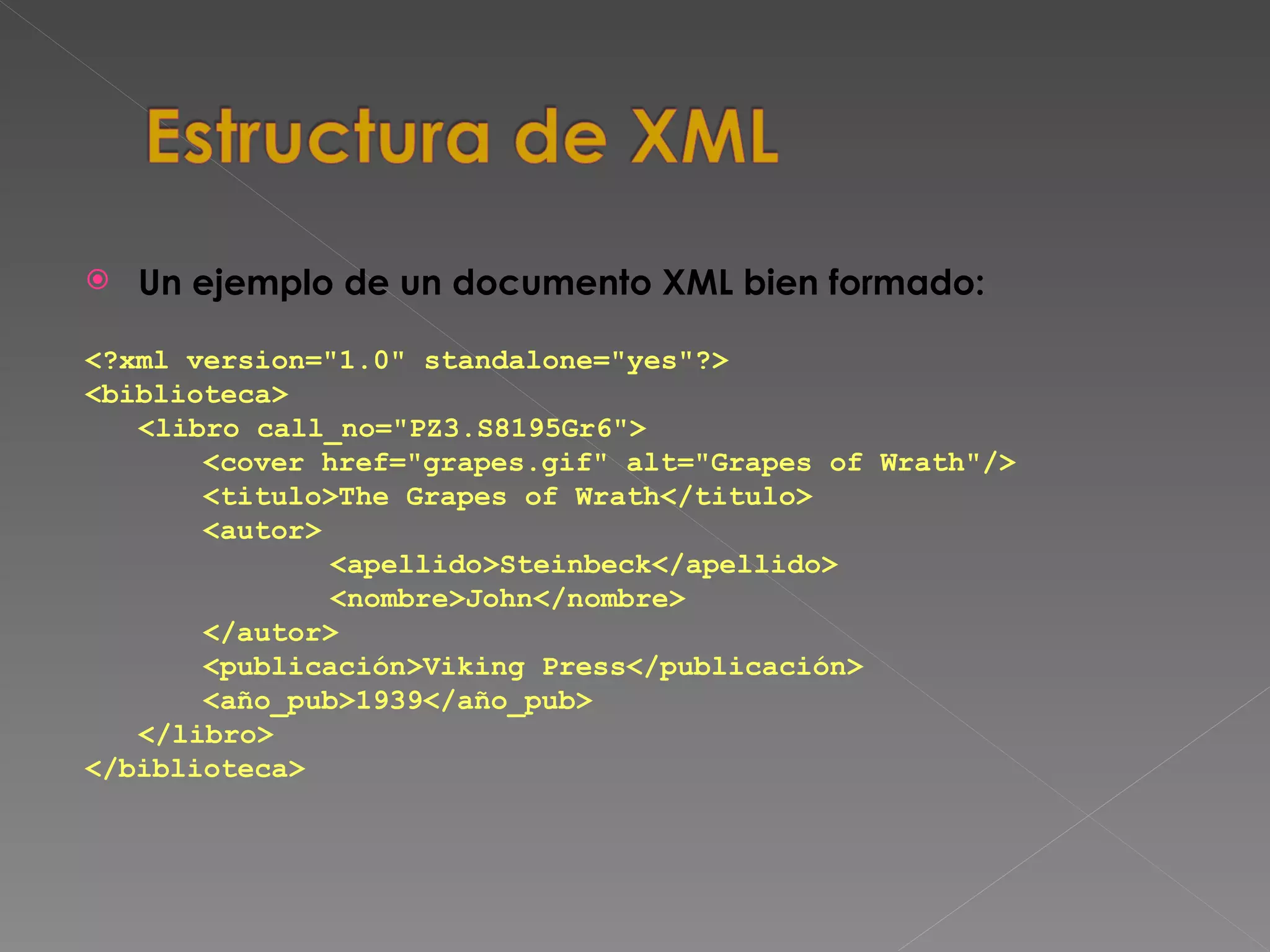 Un ejemplo de un documento XML bien formado: <?xml version=&quot;1.0&quot; standalone=&quot;yes&quot;?> <biblioteca> <libro call_no=&quot;PZ3.S8195Gr6&quot;> <cover href=&quot;grapes.gif&quot; alt=&quot;Grapes of Wrath&quot;/> <titulo>The Grapes of Wrath</titulo> <autor> <apellido>Steinbeck</apellido> <nombre>John</nombre> </autor> <publicación>Viking Press</publicación> <año_pub>1939</año_pub> </libro> </biblioteca> 
