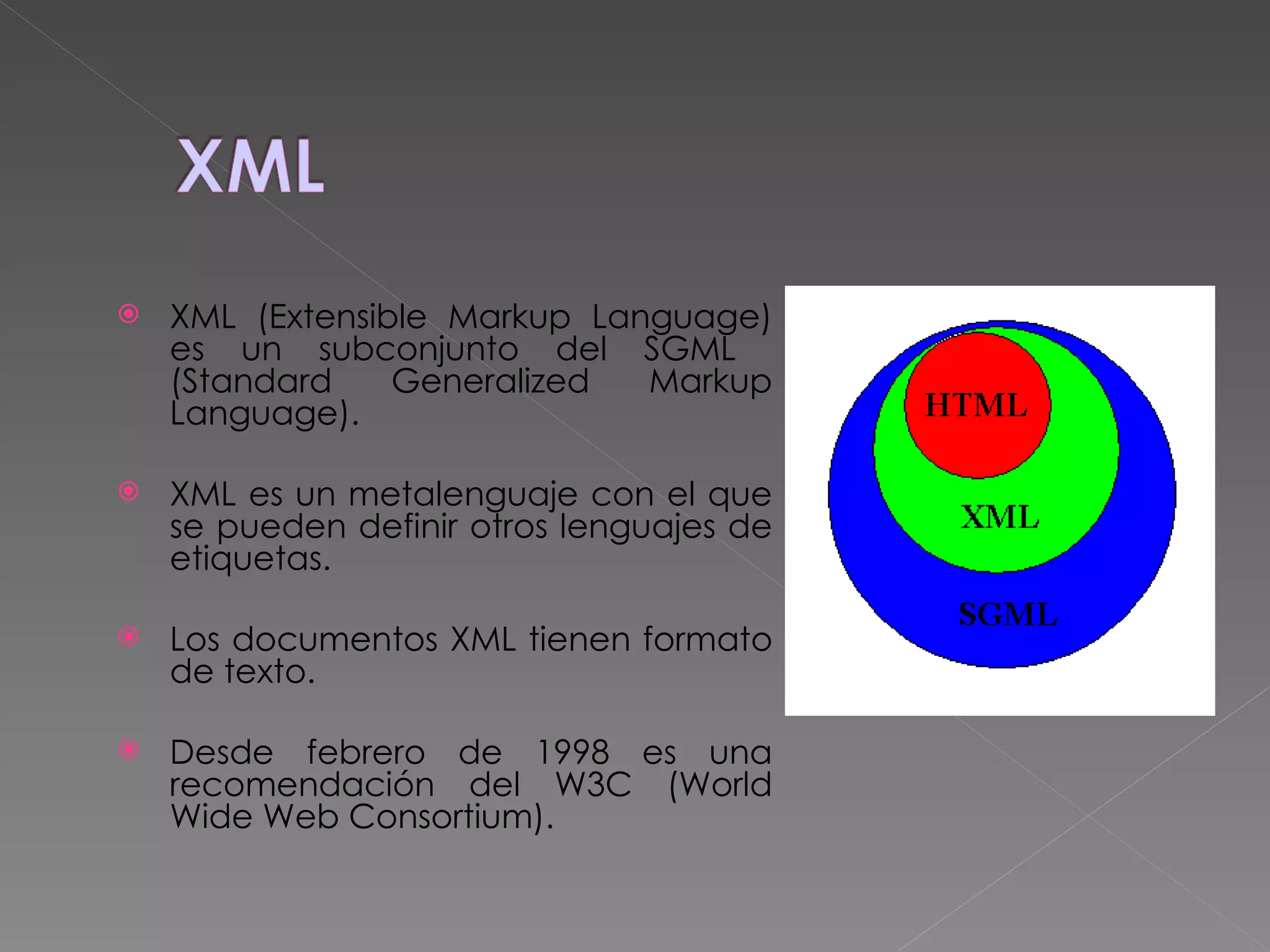 XML (Extensible Markup Language) es un subconjunto del SGML  (Standard Generalized Markup Language). XML es un metalenguaje con el que se pueden definir otros lenguajes de etiquetas. Los documentos XML tienen formato de texto. Desde febrero de 1998 es una recomendación del W3C  (World Wide Web Consortium) . 