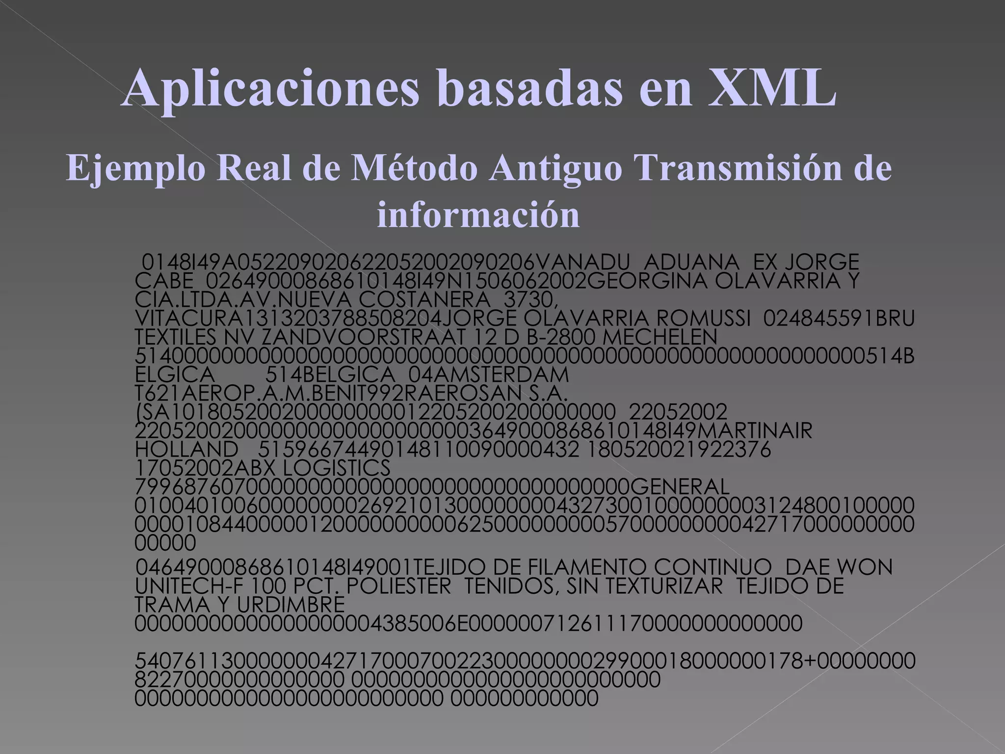 0148I49A052209020622052002090206VANADU  ADUANA  EX JORGE CABE  02649000868610148I49N1506062002GEORGINA OLAVARRIA Y CIA.LTDA.AV.NUEVA COSTANERA  3730, VITACURA1313203788508204JORGE OLAVARRIA ROMUSSI  024845591BRU TEXTILES NV ZANDVOORSTRAAT 12 D B-2800 MECHELEN 51400000000000000000000000000000000000000000000000000000000514BELGICA  514BELGICA  04AMSTERDAM  T621AEROP.A.M.BENIT992RAEROSAN S.A. (SA101805200200000000012205200200000000  22052002  2205200200000000000000000003649000868610148I49MARTINAIR HOLLAND  51596674490148110090000432 180520021922376  17052002ABX LOGISTICS  7996876070000000000000000000000000000000GENERAL  01004010060000000026921013000000004327300100000000312480010000000001084400000120000000000625000000000570000000004271700000000000000 04649000868610148I49001TEJIDO DE FILAMENTO CONTINUO  DAE WON UNITECH-F 100 PCT. POLIESTER  TENIDOS, SIN TEXTURIZAR  TEJIDO DE TRAMA Y URDIMBRE  00000000000000000004385006E000000712611170000000000000  540761130000000427170007002230000000029900018000000178+0000000082270000000000000 0000000000000000000000000 0000000000000000000000000 000000000000  Aplicaciones basadas en XML Ejemplo Real de Método Antiguo Transmisión de información 