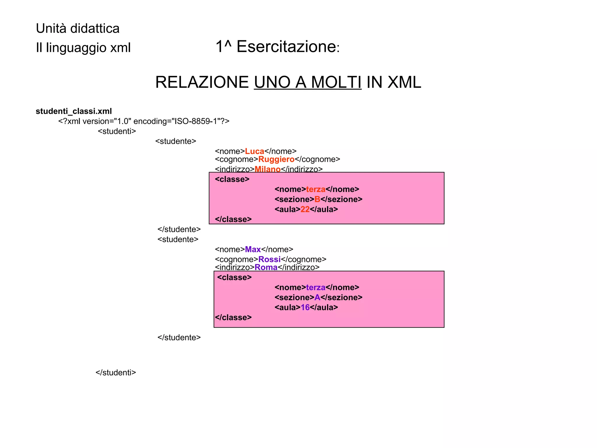Unità didattica  Il linguaggio xml   1^ Esercitazione : RELAZIONE  UNO A MOLTI  IN XML studenti_classi.xml <?xml version="1.0" encoding="ISO-8859-1"?>   <studenti>  <studente> <nome> Luca </nome>  <cognome> Ruggiero </cognome>  <indirizzo> Milano </indirizzo> <classe> <nome> terza </nome> <sezione> B </sezione> <aula> 22 </aula> </classe>   </studente>    <studente>  <nome> Max </nome> <cognome> Rossi </cognome>  <indirizzo> Roma </indirizzo>   <classe> <nome> terza </nome> <sezione> A </sezione> <aula> 16 </aula> </classe>   </studente>  </studenti>   