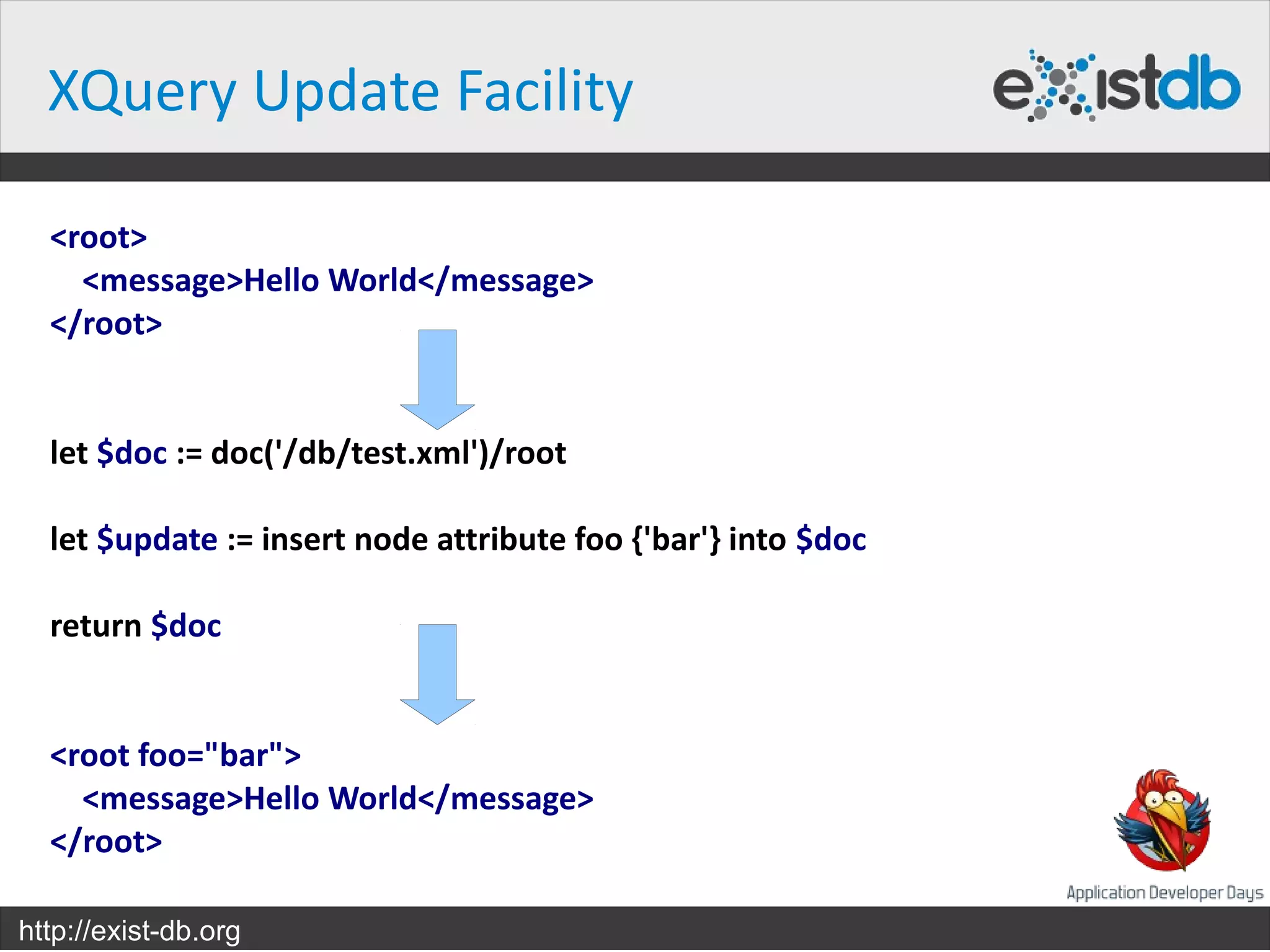 XQuery Update Facility

  <root>
    <message>Hello World</message>
  </root>


  let $doc := doc('/db/test.xml')/root

  let $update := insert node attribute foo {'bar'} into $doc

  return $doc


  <root foo="bar">
    <message>Hello World</message>
  </root>

http://exist-db.org
 