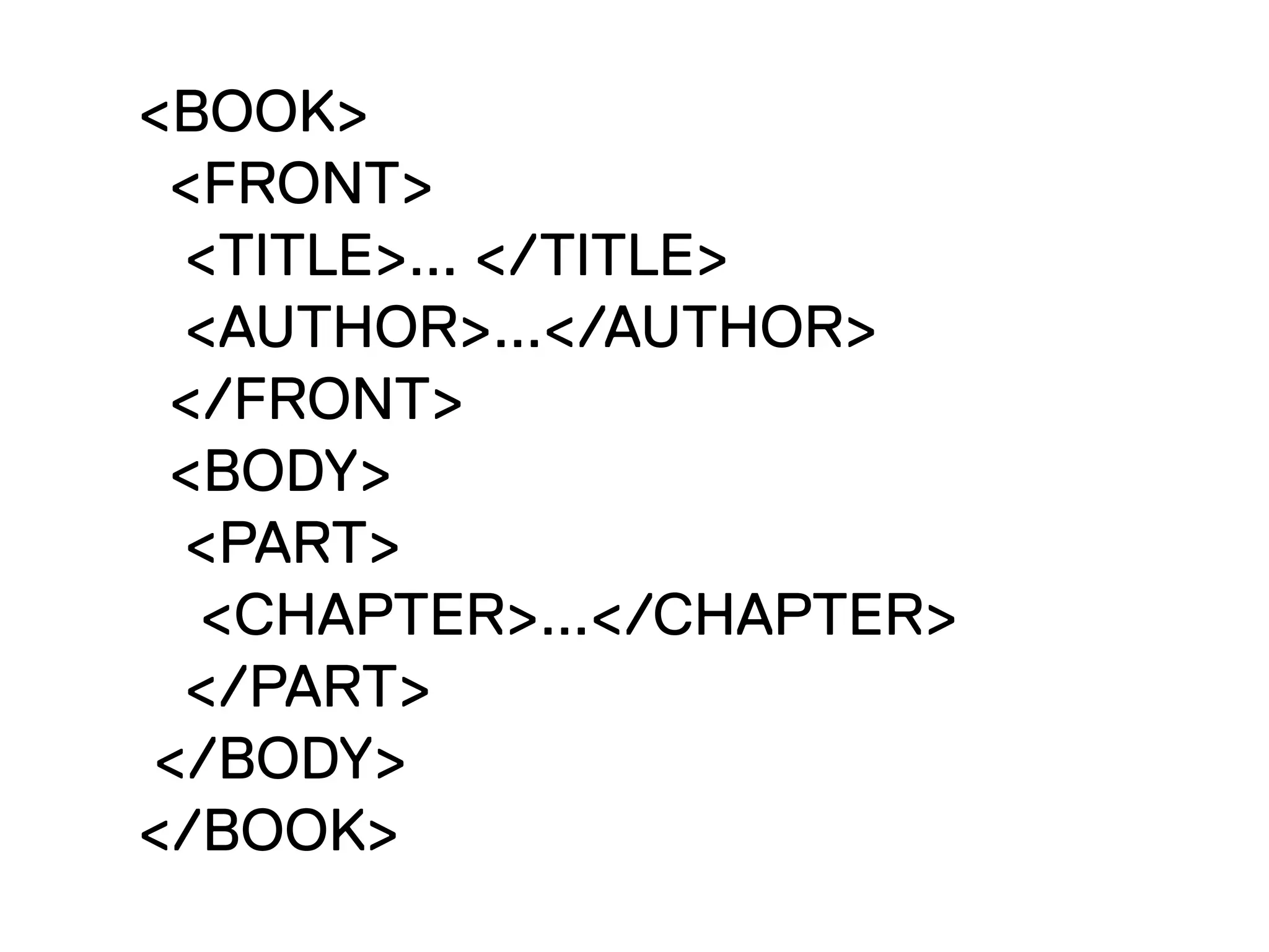 <BOOK>
  <FRONT>
   <TITLE>... </TITLE>
   <AUTHOR>...</AUTHOR>
  </FRONT>
  <BODY>
  <PART>
    <CHAPTER>...</CHAPTER>
  </PART>
 </BODY>
</BOOK>
 