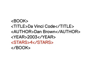 <BOOK>
<TITLE>Da Vinci Code</TITLE>
<AUTHOR>Dan Brown</AUTHOR>
<YEAR>2003</YEAR>
<STARS>4</STARS>
</BOOK>
 