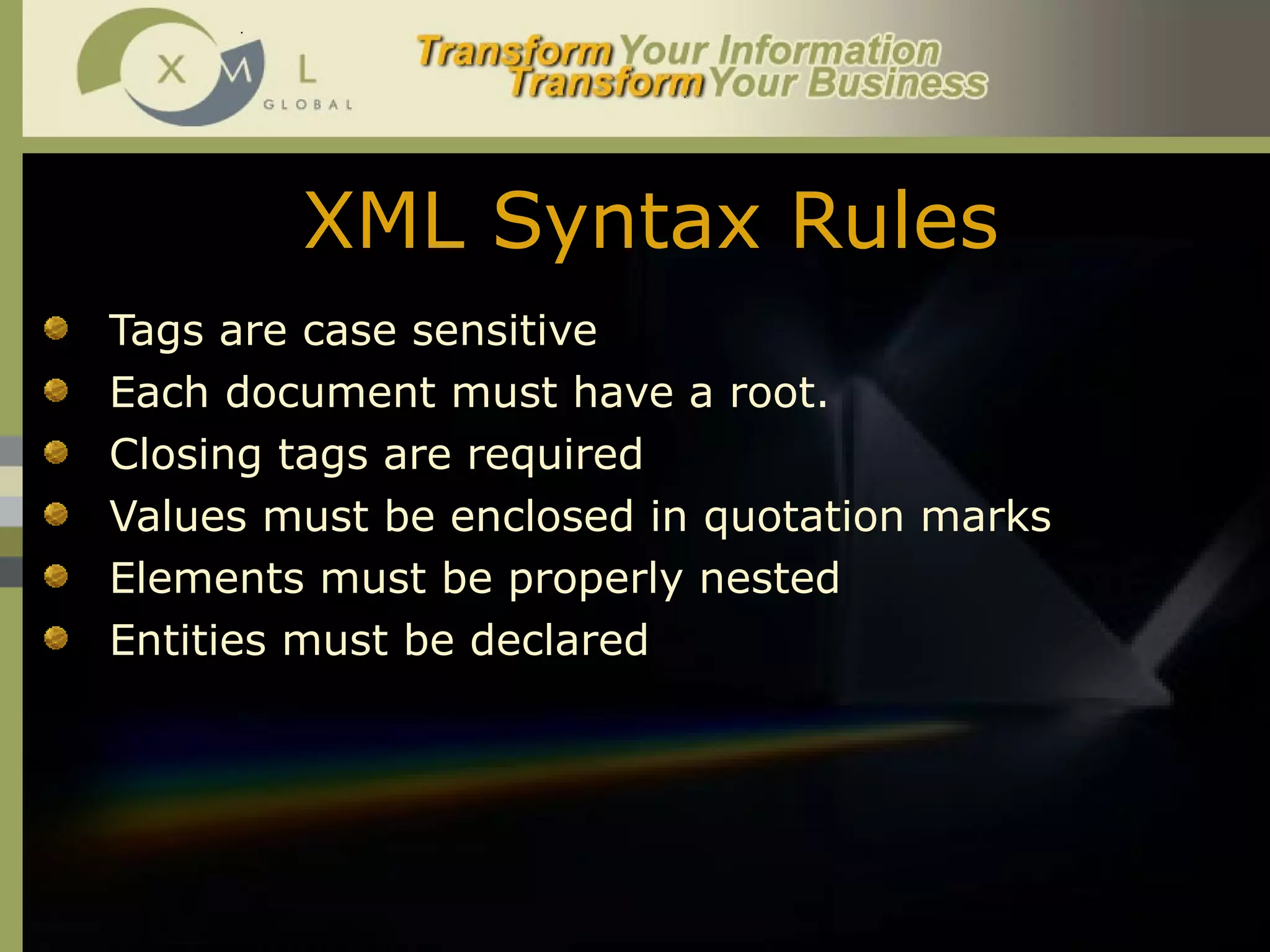 XML Syntax Rules Tags are case sensitive Each document must have a root.  Closing tags are required Values must be enclosed in quotation marks Elements must be properly nested Entities must be declared 