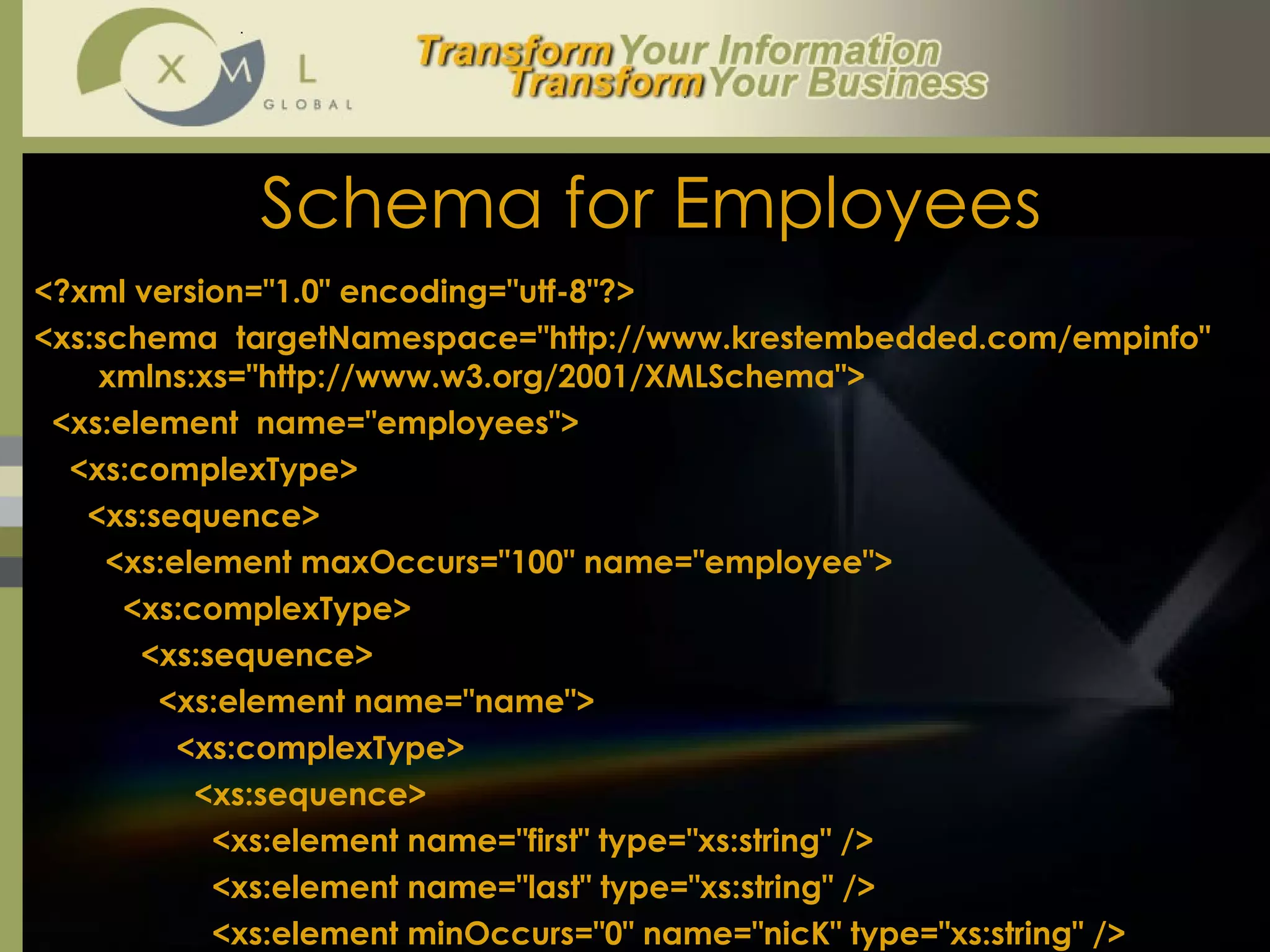 Schema for Employees <?xml version="1.0" encoding="utf-8"?> <xs:schema  targetNamespace="http://www.krestembedded.com/empinfo" xmlns:xs="http://www.w3.org/2001/XMLSchema"> <xs:element  name="employees"> <xs:complexType> <xs:sequence> <xs:element maxOccurs="100" name="employee"> <xs:complexType> <xs:sequence> <xs:element name="name"> <xs:complexType> <xs:sequence> <xs:element name="first" type="xs:string" /> <xs:element name="last" type="xs:string" /> <xs:element minOccurs="0" name="nicK" type="xs:string" /> 