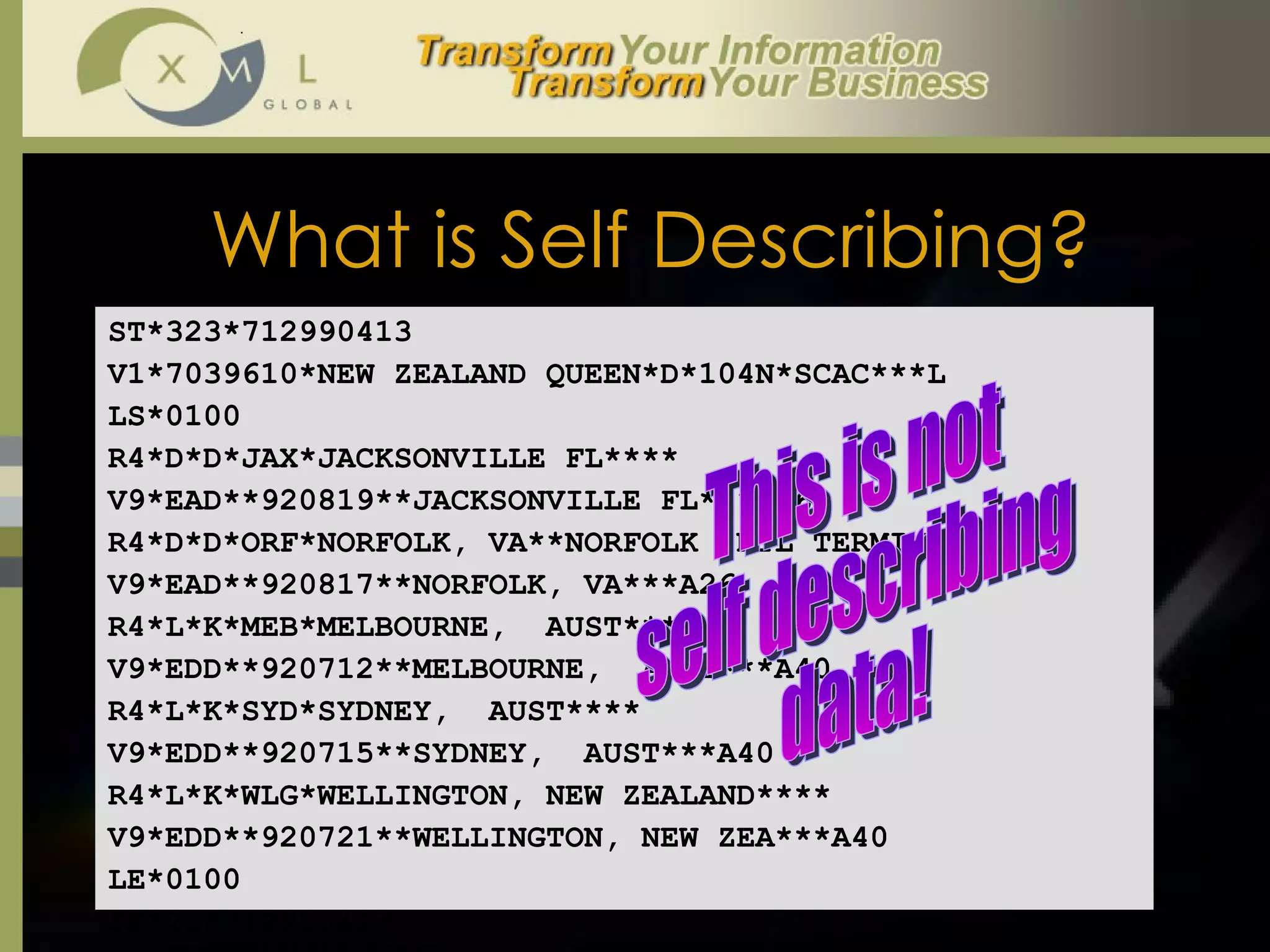 What is Self Describing? ST*323*712990413 V1*7039610*NEW ZEALAND QUEEN*D*104N*SCAC***L LS*0100 R4*D*D*JAX*JACKSONVILLE FL**** V9*EAD**920819**JACKSONVILLE FL***A26 R4*D*D*ORF*NORFOLK, VA**NORFOLK INTL TERMIN** V9*EAD**920817**NORFOLK, VA***A26 R4*L*K*MEB*MELBOURNE,  AUST**** V9*EDD**920712**MELBOURNE,  AUST***A40 R4*L*K*SYD*SYDNEY,  AUST**** V9*EDD**920715**SYDNEY,  AUST***A40 R4*L*K*WLG*WELLINGTON, NEW ZEALAND**** V9*EDD**920721**WELLINGTON, NEW ZEA***A40 LE*0100 SE*25*712990413 This is not  self describing data! 