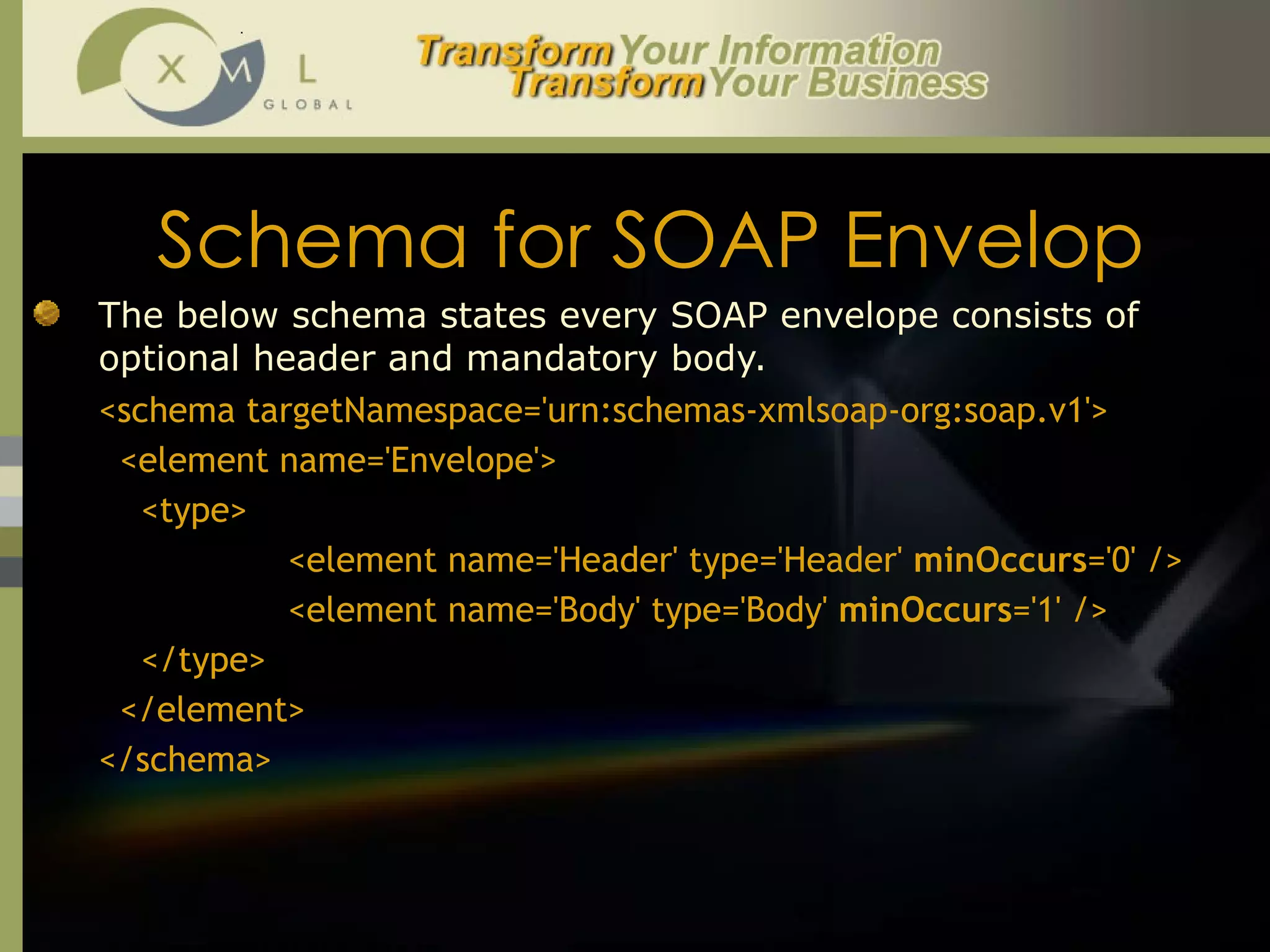 Schema for SOAP Envelop The below schema states every SOAP envelope consists of optional header and mandatory body. <schema targetNamespace='urn:schemas-xmlsoap-org:soap.v1'>   <element name='Envelope'>   <type> <element name='Header' type='Header'  minOccurs ='0' />   <element name='Body' type='Body'  minOccurs ='1' />   </type>   </element> </schema> 