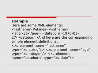 Example
Here are some XML elements:
<lastname>Refsnes</lastname>
<age>36</age> <dateborn>1970-03-
27</dateborn>And here are the corresponding
simple element definitions:
<xs:element name="lastname"
type="xs:string"/> <xs:element name="age"
type="xs:integer"/> <xs:element
name="dateborn" type="xs:date"/>
 