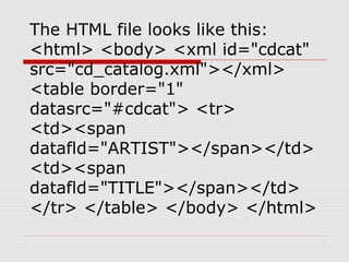 The HTML file looks like this:
<html> <body> <xml id="cdcat"
src="cd_catalog.xml"></xml>
<table border="1"
datasrc="#cdcat"> <tr>
<td><span
datafld="ARTIST"></span></td>
<td><span
datafld="TITLE"></span></td>
</tr> </table> </body> </html>
 