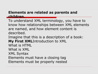 Elements are related as parents and
children.
To understand XML terminology, you have to
know how relationships between XML elements
are named, and how element content is
described.
Imagine that this is a description of a book:
My First XMLIntroduction to XML
What is HTML
What is XML
XML Syntax
Elements must have a closing tag
Elements must be properly nested
 