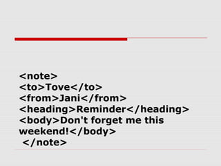 <note>
<to>Tove</to>
<from>Jani</from>
<heading>Reminder</heading>
<body>Don't forget me this
weekend!</body>
</note>
 