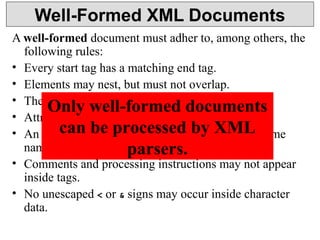 Well-Formed XML Documents 
A well-formed document must adher to, among others, the 
following rules: 
• Every start tag has a matching end tag. 
• Elements may nest, but must not overlap. 
• There Only must be well-exactly formed one root element. 
documents 
• Attribute values must be quoted. 
• An element can may be not processed have to attributes by XML 
with the same 
name. 
parsers. 
• Comments and processing instructions may not appear 
inside tags. 
• No unescaped < or & signs may occur inside character 
data. 
 