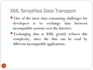 XML Simplifies Data Transport
6
One of the most time-consuming challenges for
developers is to exchange data between
incompatible systems over the Internet.
Exchanging data as XML greatly reduces this
complexity, since the data can be read by
different incompatible applications.
 