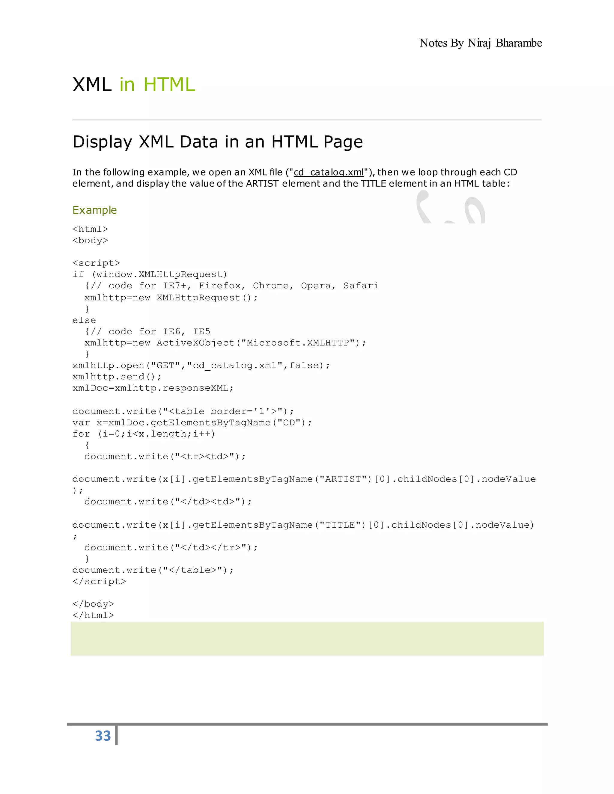 Notes By Niraj Bharambe
33
XML in HTML
Display XML Data in an HTML Page
In the following example, we open an XML file ("cd_catalog.xml"), then we loop through each CD
element, and display the value of the ARTIST element and the TITLE element in an HTML table:
Example
<html>
<body>
<script>
if (window.XMLHttpRequest)
{// code for IE7+, Firefox, Chrome, Opera, Safari
xmlhttp=new XMLHttpRequest();
}
else
{// code for IE6, IE5
xmlhttp=new ActiveXObject("Microsoft.XMLHTTP");
}
xmlhttp.open("GET","cd_catalog.xml",false);
xmlhttp.send();
xmlDoc=xmlhttp.responseXML;
document.write("<table border='1'>");
var x=xmlDoc.getElementsByTagName("CD");
for (i=0;i<x.length;i++)
{
document.write("<tr><td>");
document.write(x[i].getElementsByTagName("ARTIST")[0].childNodes[0].nodeValue
);
document.write("</td><td>");
document.write(x[i].getElementsByTagName("TITLE")[0].childNodes[0].nodeValue)
;
document.write("</td></tr>");
}
document.write("</table>");
</script>
</body>
</html>
 
