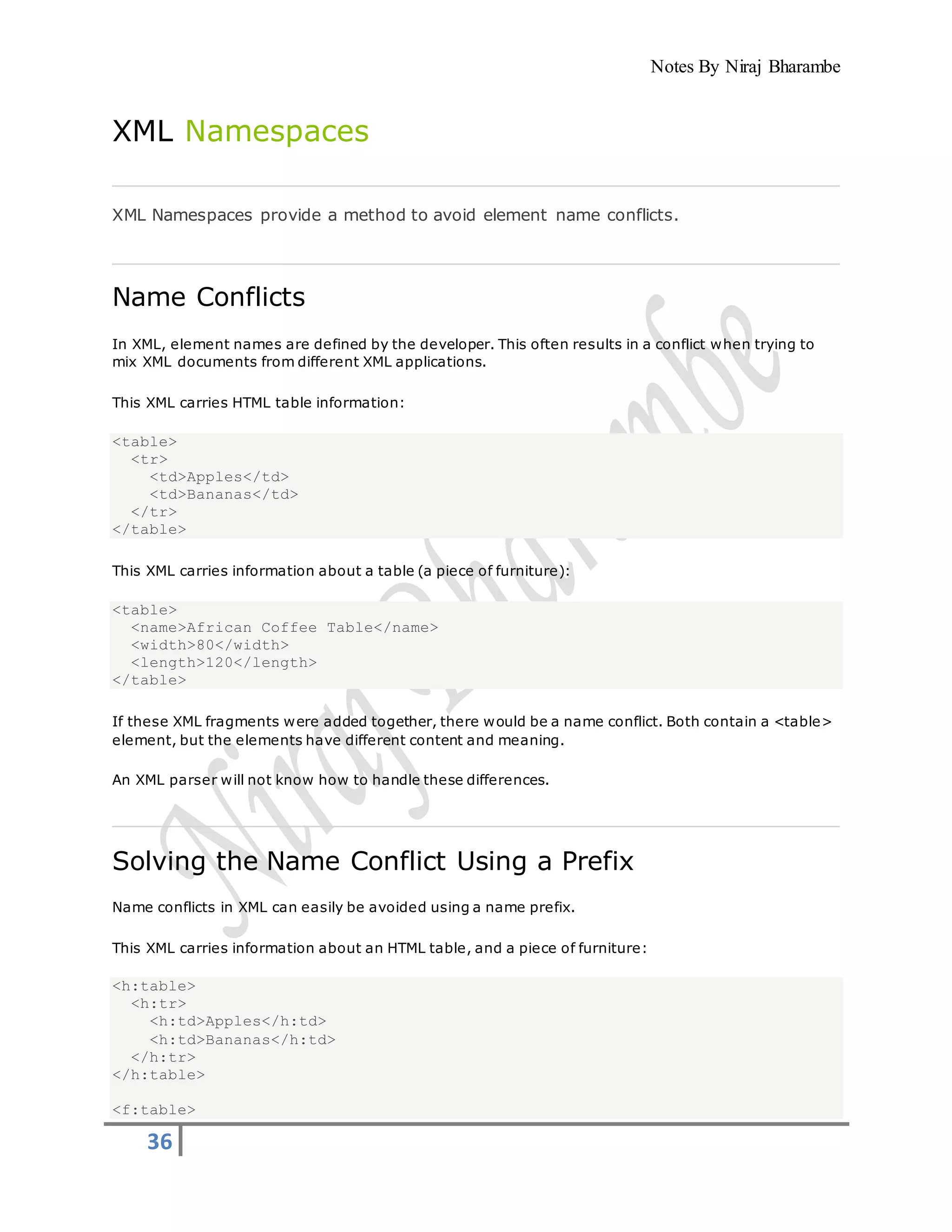 Notes By Niraj Bharambe
36
XML Namespaces
XML Namespaces provide a method to avoid element name conflicts.
Name Conflicts
In XML, element names are defined by the developer. This often results in a conflict when trying to
mix XML documents from different XML applications.
This XML carries HTML table information:
<table>
<tr>
<td>Apples</td>
<td>Bananas</td>
</tr>
</table>
This XML carries information about a table (a piece of furniture):
<table>
<name>African Coffee Table</name>
<width>80</width>
<length>120</length>
</table>
If these XML fragments were added together, there would be a name conflict. Both contain a <table>
element, but the elements have different content and meaning.
An XML parser will not know how to handle these differences.
Solving the Name Conflict Using a Prefix
Name conflicts in XML can easily be avoided using a name prefix.
This XML carries information about an HTML table, and a piece of furniture:
<h:table>
<h:tr>
<h:td>Apples</h:td>
<h:td>Bananas</h:td>
</h:tr>
</h:table>
<f:table>
 