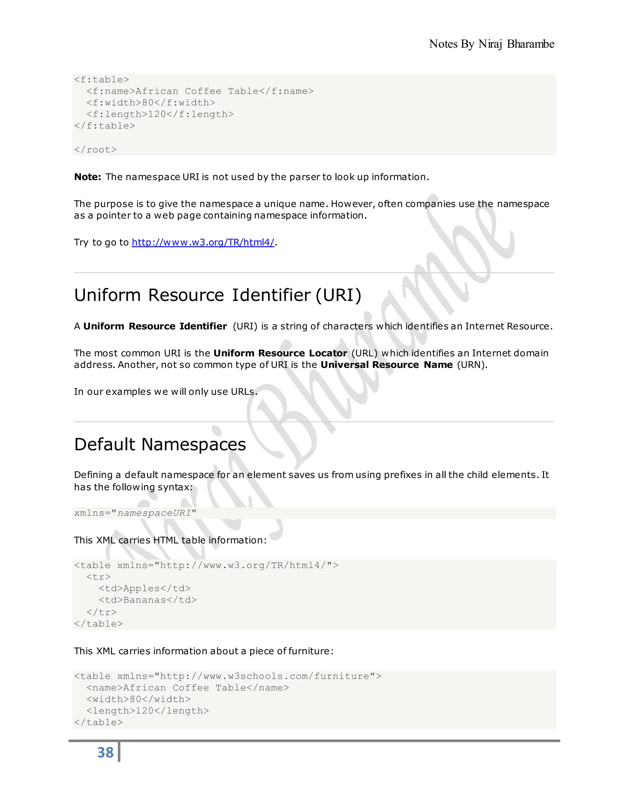 Notes By Niraj Bharambe
38
<f:table>
<f:name>African Coffee Table</f:name>
<f:width>80</f:width>
<f:length>120</f:length>
</f:table>
</root>
Note: The namespace URI is not used by the parser to look up information.
The purpose is to give the namespace a unique name. However, often companies use the namespace
as a pointer to a web page containing namespace information.
Try to go to http://www.w3.org/TR/html4/.
Uniform Resource Identifier (URI)
A Uniform Resource Identifier (URI) is a string of characters which identifies an Internet Resource.
The most common URI is the Uniform Resource Locator (URL) which identifies an Internet domain
address. Another, not so common type of URI is the Universal Resource Name (URN).
In our examples we will only use URLs.
Default Namespaces
Defining a default namespace for an element saves us from using prefixes in all the child elements. It
has the following syntax:
xmlns="namespaceURI"
This XML carries HTML table information:
<table xmlns="http://www.w3.org/TR/html4/">
<tr>
<td>Apples</td>
<td>Bananas</td>
</tr>
</table>
This XML carries information about a piece of furniture:
<table xmlns="http://www.w3schools.com/furniture">
<name>African Coffee Table</name>
<width>80</width>
<length>120</length>
</table>
 