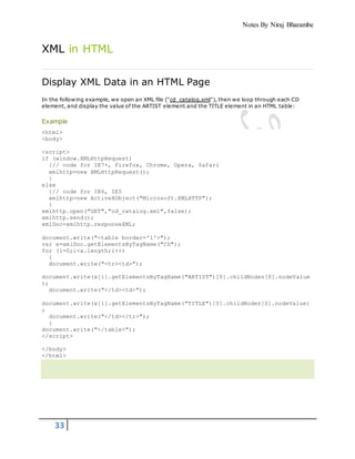 Notes By Niraj Bharambe
33
XML in HTML
Display XML Data in an HTML Page
In the following example, we open an XML file ("cd_catalog.xml"), then we loop through each CD
element, and display the value of the ARTIST element and the TITLE element in an HTML table:
Example
<html>
<body>
<script>
if (window.XMLHttpRequest)
{// code for IE7+, Firefox, Chrome, Opera, Safari
xmlhttp=new XMLHttpRequest();
}
else
{// code for IE6, IE5
xmlhttp=new ActiveXObject("Microsoft.XMLHTTP");
}
xmlhttp.open("GET","cd_catalog.xml",false);
xmlhttp.send();
xmlDoc=xmlhttp.responseXML;
document.write("<table border='1'>");
var x=xmlDoc.getElementsByTagName("CD");
for (i=0;i<x.length;i++)
{
document.write("<tr><td>");
document.write(x[i].getElementsByTagName("ARTIST")[0].childNodes[0].nodeValue
);
document.write("</td><td>");
document.write(x[i].getElementsByTagName("TITLE")[0].childNodes[0].nodeValue)
;
document.write("</td></tr>");
}
document.write("</table>");
</script>
</body>
</html>
 