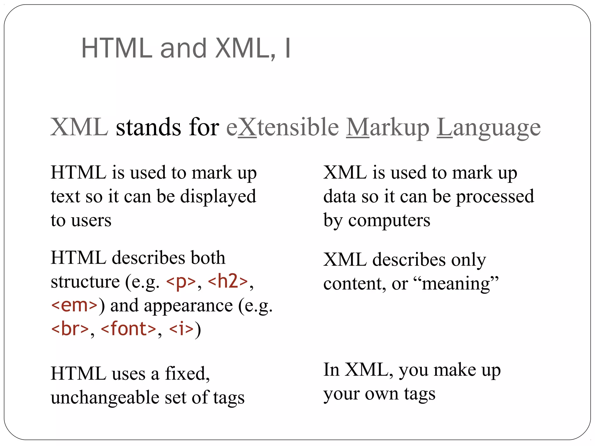 HTML and XML, I
8
XML stands for eXtensible Markup Language
HTML is used to mark up
text so it can be displayed
to users
XML is used to mark up
data so it can be processed
by computers
HTML describes both
structure (e.g. <p>, <h2>,
<em>) and appearance (e.g.
<br>, <font>, <i>)
XML describes only
content, or “meaning”
HTML uses a fixed,
unchangeable set of tags
In XML, you make up
your own tags
 