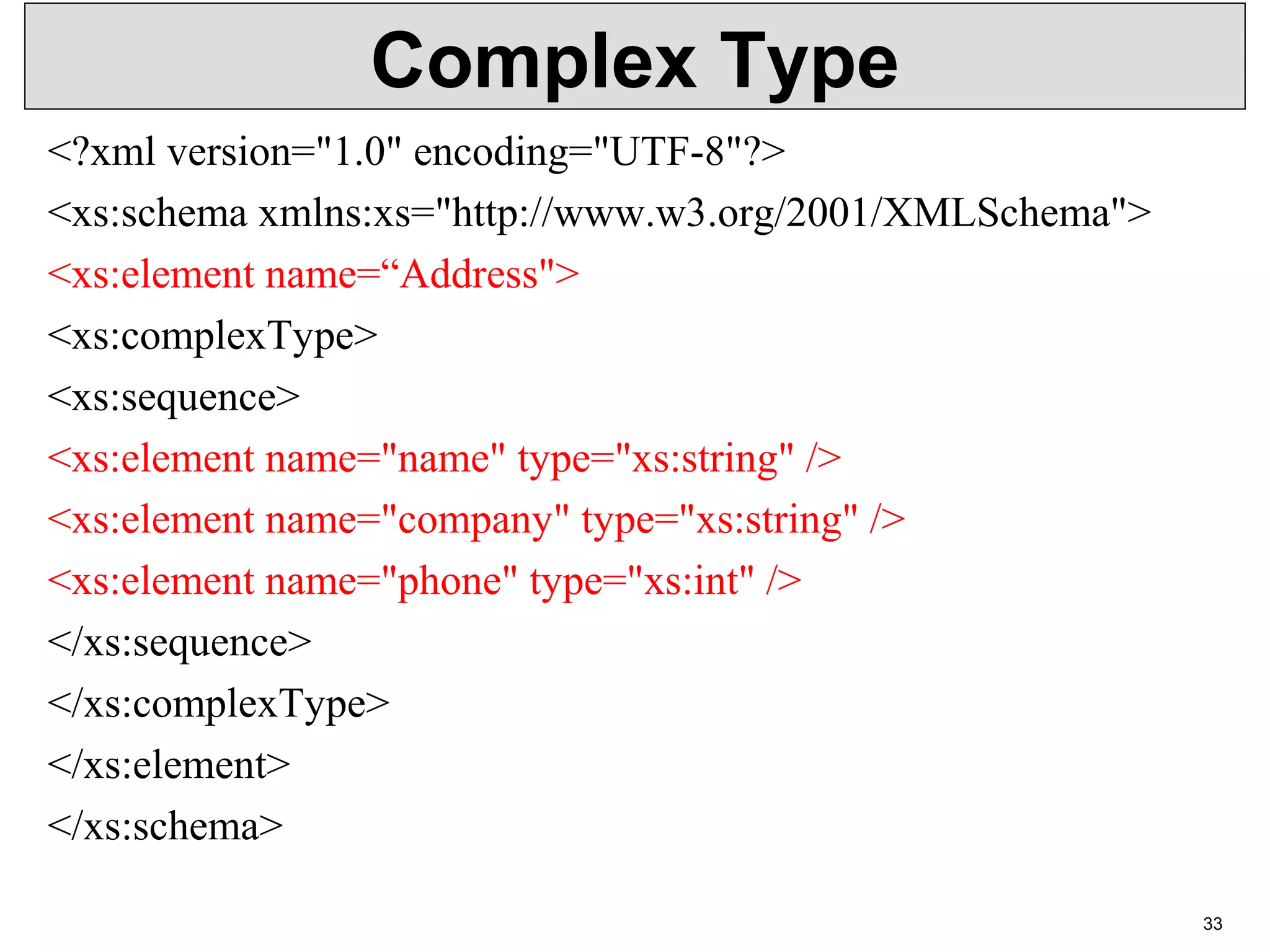 Complex Type <?xml version="1.0" encoding="UTF-8"?> <xs:schema xmlns:xs="http://www.w3.org/2001/XMLSchema"> <xs:element name=“Address"> <xs:complexType> <xs:sequence> <xs:element name="name" type="xs:string" /> <xs:element name="company" type="xs:string" /> <xs:element name="phone" type="xs:int" /> </xs:sequence> </xs:complexType> </xs:element> </xs:schema> 33 