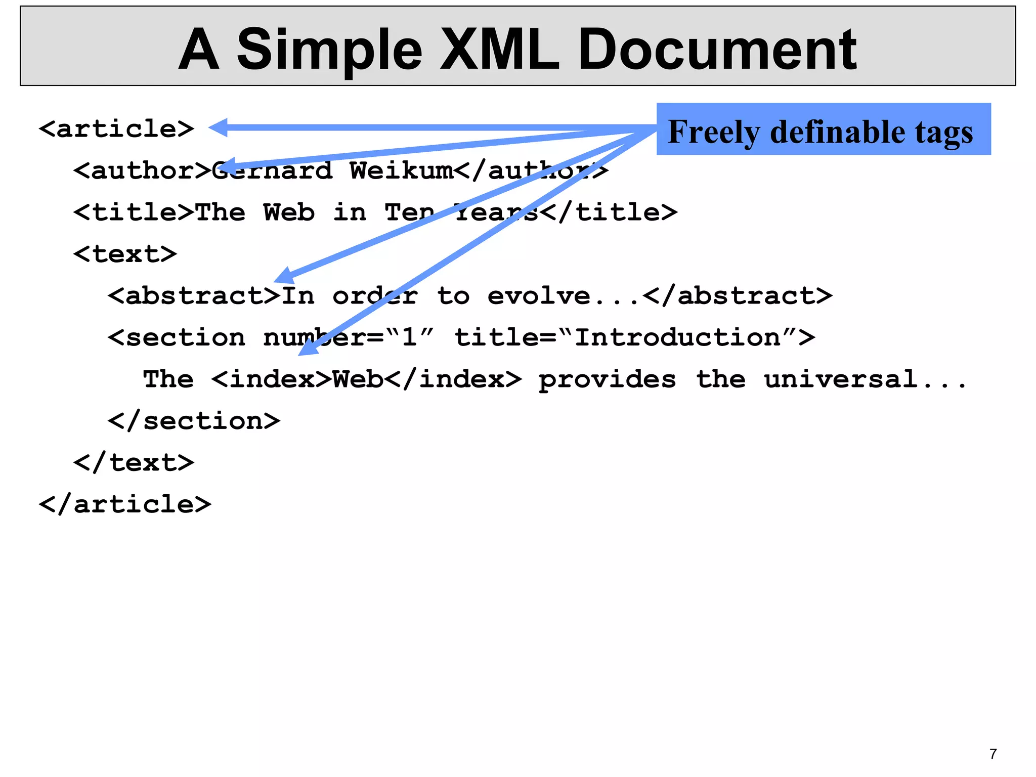 7 A Simple XML Document <article> <author>Gerhard Weikum</author> <title>The Web in Ten Years</title> <text> <abstract>In order to evolve...</abstract> <section number=“1” title=“Introduction”> The <index>Web</index> provides the universal... </section> </text> </article> Freely definable tags 