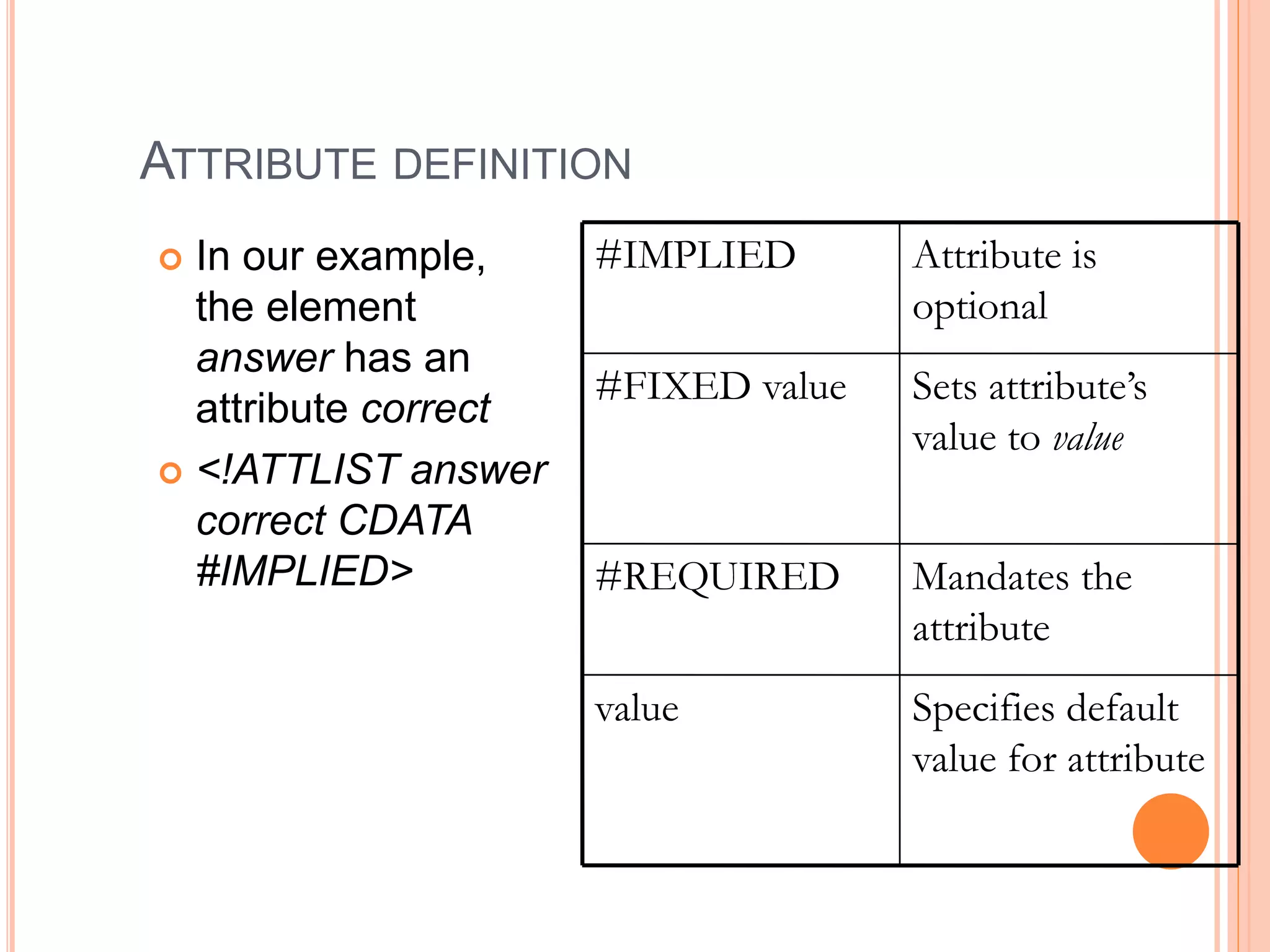 ATTRIBUTE DEFINITION
 In our example,
the element
answer has an
attribute correct
 <!ATTLIST answer
correct CDATA
#IMPLIED>
Specifies default
value for attribute
value
Mandates the
attribute
#REQUIRED
Sets attribute’s
value to value
#FIXED value
Attribute is
optional
#IMPLIED
 