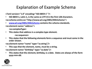 Explanation of Example Schema
<?xml version="1.0" encoding="ISO-8859-1" ?>
• ISO-8859-1, Latin-1, is the same as UTF-8 in the first 128 characters.
<xs:schema xmlns:xs="http://www.w3.org/2001/XMLSchema">
• www.w3.org/2001/XMLSchema contains the schema standards.
<xs:element name="address">
<xs:complexType>
• This states that address is a complex type element.
<xs:sequence>
• This states that the following elements form a sequence and must come in the
order shown.
<xs:element name="name" type="xs:string"/>
• This says that the element, name, must be a string.
<xs:element name="birthday" type="xs:date"/>
• This states that the element, birthday, is a date. Dates are always of the form
yyyy-mm-dd.
 