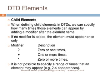 DTD Elements
 Child Elements
 When defining child elements in DTDs, we can specify
how many times those elements can appear by
adding a modifier after the element name.
 If no modifier is added, the element must appear once
only
 Modifier Description
? Zero or one times.
+ One or more times.
* Zero or more times.
 It is not possible to specify a range of times that an
element may appear (e.g, 2-4 appearances).
November 9, 2019Mukesh N Tekwani (mukeshtekwani@outlook.com)
60
 