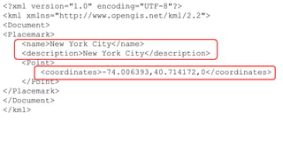 <?xml version="1.0" encoding="UTF-8"?>
<kml xmlns="http://www.opengis.net/kml/2.2">
<Document>
<Placemark>
    <name>New York City</name>
    <description>New York City</description>
    <Point>
        <coordinates>-74.006393,40.714172,0</coordinates>
    </Point>
</Placemark>
</Document>
</kml>
 