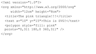 <?xml version="1.0"?>
<svg xmlns="http://www.w3.org/2000/svg"
     width="12cm" height="8cm">
  <title>The pink triangle!!!</title>
  <text x="10" y="15">This is SVG!</text>
  <polygon style="fill: pink"
  points="0,311 180,0 360,311" />
</svg>
 