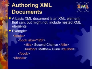 Authoring XML
Documents
A basic XML document is an XML element
that can, but might not, include nested XML
elements.
 Example:


<books>
<book isbn=“123”>
<title> Second Chance </title>
<author> Matthew Dunn </author>
</book>
</books>

 