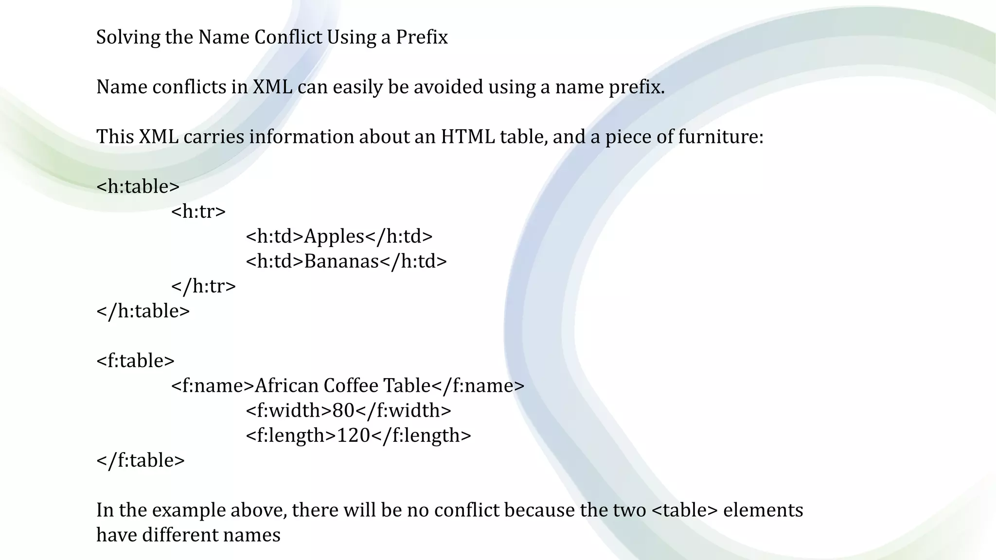 Solving the Name Conflict Using a Prefix
Name conflicts in XML can easily be avoided using a name prefix.
This XML carries information about an HTML table, and a piece of furniture:
<h:table>
<h:tr>
<h:td>Apples</h:td>
<h:td>Bananas</h:td>
</h:tr>
</h:table>
<f:table>
<f:name>African Coffee Table</f:name>
<f:width>80</f:width>
<f:length>120</f:length>
</f:table>
In the example above, there will be no conflict because the two <table> elements
have different names
 