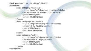 <?xml version="1.0" encoding="UTF-8"?>
<bookstore>
<book category="cooking">
<title lang="en">Everyday Italian</title>
<author>Giada De Laurentiis</author>
<year>2005</year>
<price>30.00</price>
</book>
<book category="children">
<title lang="en">Harry Potter</title>
<author>J K. Rowling</author>
<year>2005</year>
<price>29.99</price>
</book>
<book category="web">
<title lang="en">Learning XML</title>
<author>Erik T. Ray</author>
<year>2003</year>
<price>39.95</price>
</book>
</bookstore>
 