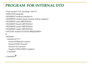 PROGRAM FOR INTERNAL DTD
<?xml version="1.0" encoding="utf-8"?>
<!DOCTYPE students[
<!ELEMENT students (student+)>
<!ELEMENT student (name, branch, section, regdno)>
<!ELEMENT name (#PCDATA)>
<!ELEMENT branch (#PCDATA)>
<!ELEMENT section (#PCDATA)>
<!ELEMENT regdno (#PCDATA)>
<!ATTLIST student id CDATA #REQUIRED>
]>
<students>
<student id="1">
<name>K.Ramesh</name>
<branch>CSE</branch>
<section>A</section>
<regdno>12PA1A0501</regdno>
</student>
</students>
 