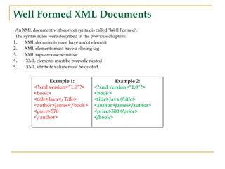Well Formed XML Documents
An XML document with correct syntax is called "Well Formed".
The syntax rules were described in the previous chapters:
1. XML documents must have a root element
2. XML elements must have a closing tag
3. XML tags are case sensitive
4. XML elements must be properly nested
5. XML attribute values must be quoted.
Example 1:
<?xml version=”1.0”?>
<book>
<title>Java</Title>
<author>James</book>
<pirce>570
</author>
Example 2:
<?xml version=”1.0”?>
<book>
<title>Java</title>
<author>James</author>
<price>500</price>
</book>
 