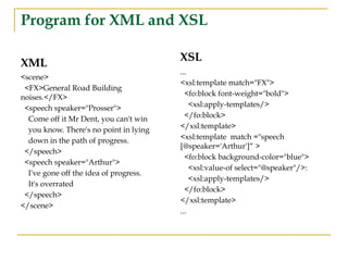Program for XML and XSL
XML
<scene>
<FX>General Road Building
noises.</FX>
<speech speaker="Prosser">
Come off it Mr Dent, you can't win
you know. There's no point in lying
down in the path of progress.
</speech>
<speech speaker="Arthur">
I've gone off the idea of progress.
It's overrated
</speech>
</scene>
XSL
...
<xsl:template match="FX">
<fo:block font-weight="bold">
<xsl:apply-templates/>
</fo:block>
</xsl:template>
<xsl:template match ="speech
[@speaker='Arthur']“ >
<fo:block background-color="blue">
<xsl:value-of select="@speaker"/>:
<xsl:apply-templates/>
</fo:block>
</xsl:template>
...
 