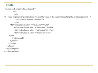 Conti..
<xsl:for-each select="class/student">
<tr>
<td>
<!-- value-of processing instruction process the value of the element matching the XPath expression -->
<xsl:value-of select = "@rollno"/>
</td>
<td><xsl:value-of select = "firstname"/></td>
<td><xsl:value-of select = "lastname"/></td>
<td><xsl:value-of select = "nickname"/></td>
<td><xsl:value-of select = "marks"/></td>
</tr>
</xsl:for-each>
</table>
</body>
</html>
</xsl:template>
</xsl:stylesheet>
 