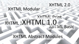 XHTML 2.0
 XHTML Modular
             XHTML Print
       XHTML 1.0 Basic
XHTML 1.1
              XHTML

   XHTML Abstract Modules
 