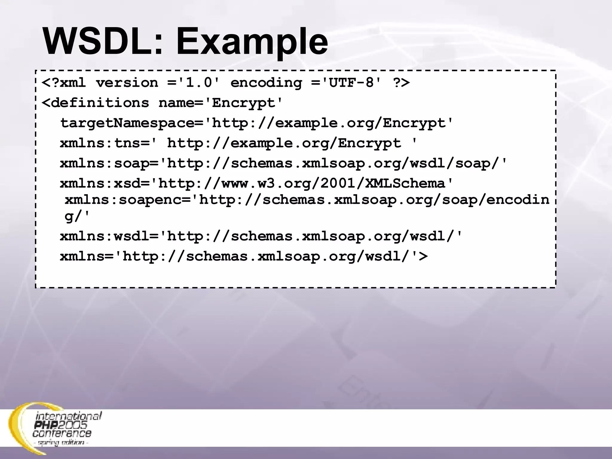 WSDL: Example <?xml version ='1.0' encoding ='UTF-8' ?> <definitions name='Encrypt' targetNamespace='http://example.org/Encrypt' xmlns:tns=' http://example.org/Encrypt ' xmlns:soap='http://schemas.xmlsoap.org/wsdl/soap/' xmlns:xsd='http://www.w3.org/2001/XMLSchema' xmlns:soapenc='http://schemas.xmlsoap.org/soap/encoding/' xmlns:wsdl='http://schemas.xmlsoap.org/wsdl/' xmlns='http://schemas.xmlsoap.org/wsdl/'> 